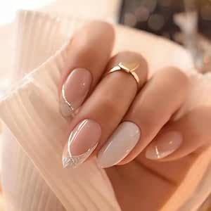 French Tip Press on Nails Medium Almond Fake Nails Nude Acrylic Nails with Milk White Tips Design Stick on Nails Artificial Full Cover Glossy Glue on Nails for Women Girls Finger Manicure 24pcs