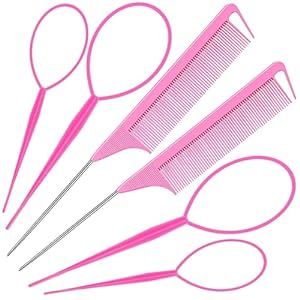 Topsy Hair Tail Tool & Rat Tail Comb.6Pcs Pink Hair Loop Styling Tools Set with 2Pcs Steel Pin Rat Tail Combs,4Pcs Pony Tail Hair Tool,hair Flip Pull Through Tool for women,Girl Hairstyles,A Gift