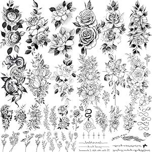 Tazimi 28 Sheets Black Flower Temporary Tattoos For Women Girls-Realistic Black Sketch Flower WordArt Peony Rose Wild Plants Waterproof Temporary Tattoos for Arms Abdomen Legs Body Art Decoration