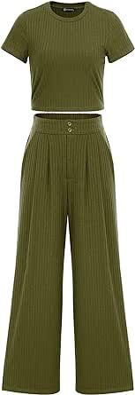 PRETTYGARDEN Women's Summer Knit 2 Piece Outfit Short Sleeve Crop Tee Tops Wide Leg Pants Set Tracksuit Loungewear