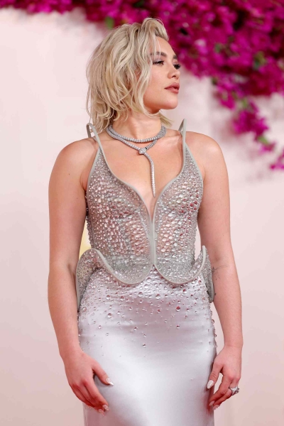 Florence Pugh wore a silver dress with a sheer, bejeweled corset to the 2024 Oscars from Del Core’s Spring/Summer 2024 ready-to-wear collection.