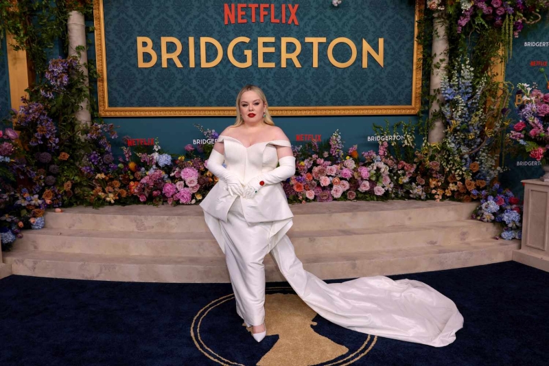 Nicola Coughlan wore a peplum Danielle Frankel wedding dress for the New York City premiere of 'Bridgerton' season 3.