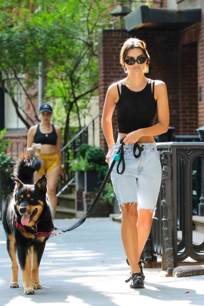 Emily Ratajkowski was photographed walking her dog Colombo in New York City while wearing a pair of baggy jean shorts.