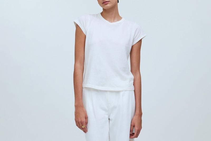 Plain white tees are a classic, versatile option that can be worn on its own, paired with jeans, skirts, underneath a good blazer, or even with sweatpants—the options are truly endless.