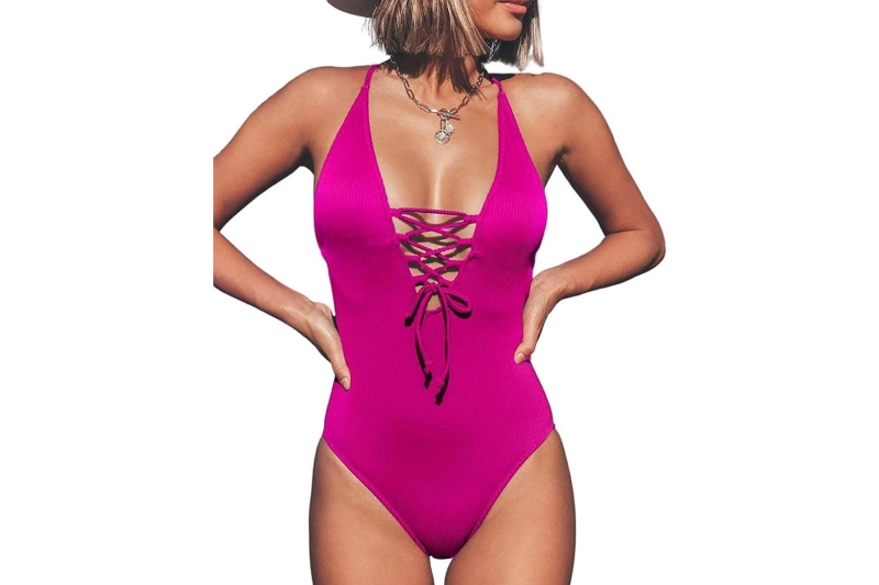 Sofía Vergara wore a sexy one-piece swimsuit including a plunging lace-up front. Shop similar flattering swimwear at Nordstrom and Amazon, starting at $35.