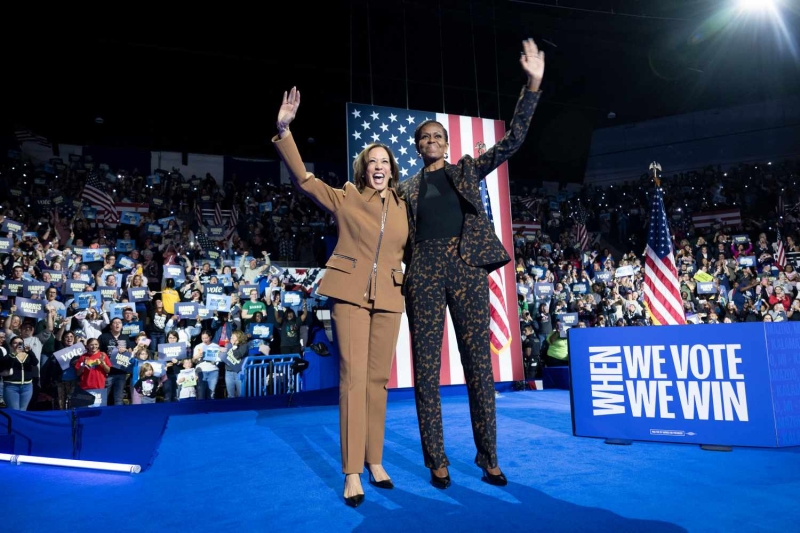 Michelle Obama wore a leopard-print pantsuit while campaigning for Kamala Harris in the swing state of Michigan on Saturday, Oct. 26. See her full look, here.