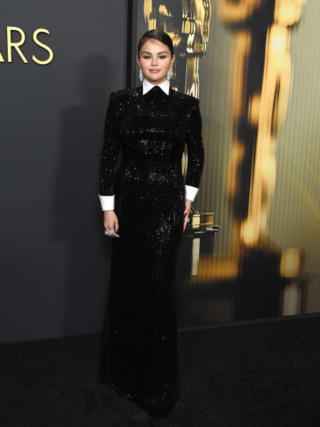 Selena Gomez took style notes from Wednesday Addams as she stepped out in a preppy goth beaded gown at the 2024 Governors Awards on Sunday, November 17.