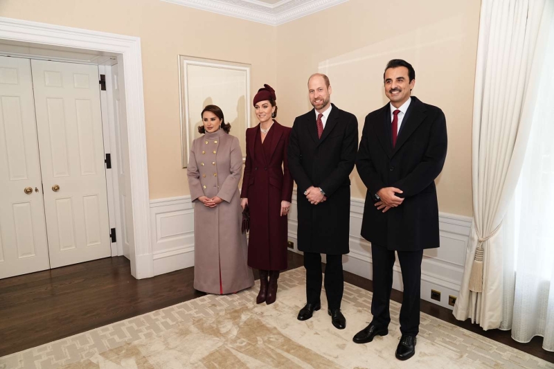 Kate Middleton welcomed Emir of the State of Qatar, Sheikh Tamim bin Hamad Al Thani, and his wife, Her Highness Sheikha Jawaher bint Hamad bin Suhaim Al Thani for their royal visit to London—and she wore a monochromatic maroon look for the occasion.