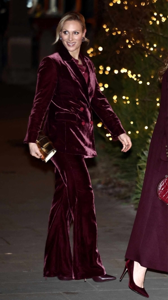 Zara Tindall attended Kate Middleton's "Together at Christmas" carol concert on Friday, wearing a daring velvet pantsuit from Veronica Beard. See her full look, here.